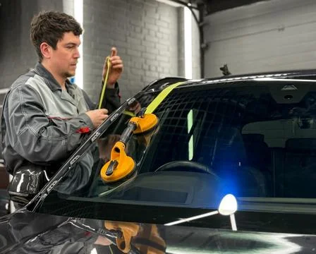 Automobile special workers replacing windscreen or windshield of a car. Stock Photos