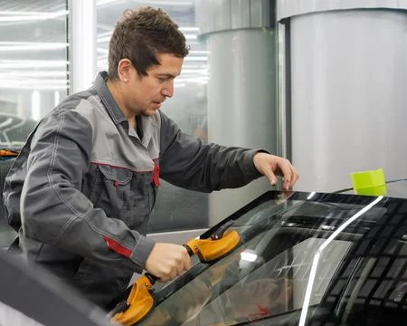 Automobile special workers replacing windscreen or windshield of a car. Stock Photos