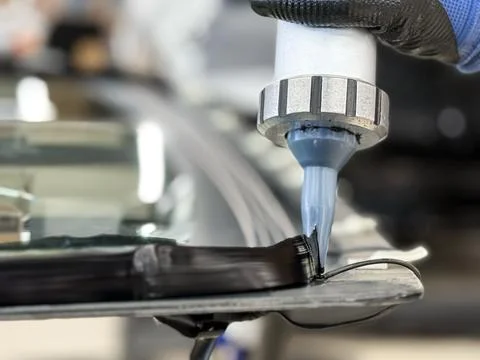 Automobile special workers replacing windshield of a car. Stock Photos