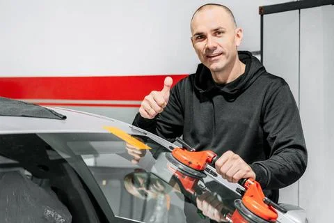Automobile technician worker replacing windscreen or windshield of a car i... Stock Photos