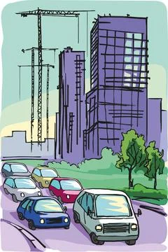 Automobiles drive along the road against the background of houses and cranes Stock Illustration