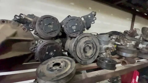 Automotive AC Compressors and Engine Pulleys at Workshop – Car Repair Mechanical Stock Footage 343622072
