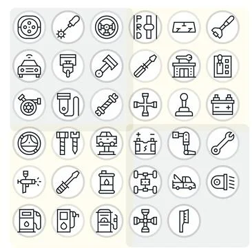 Automotive Design Vector Icons featuring 35 Detail Enhanced Regular Line Styl Stock Illustration