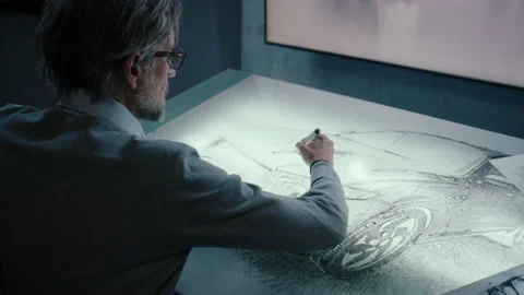 Automotive designer draws prototype car with digital display touch screen table Stock Footage 219448715
