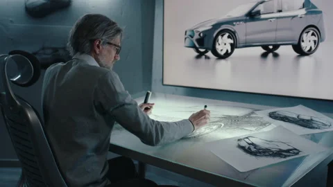 Automotive designer draws prototype car with digital display touch screen table Stock Footage 219448903