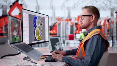 Automotive Engineer Checking Gearbox CAD Design Stock Footage 332495133