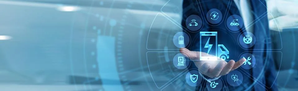 Automotive engineer optimizing transit hand holding smart device tracking E.. Stock Photos