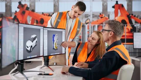 Automotive Engineer Uses Computer Software To Examine Car Design Details Clos Stock Photos