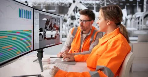 Automotive Engineer Working On Computer In Factory To Develop Innovative Car  스톡 사진