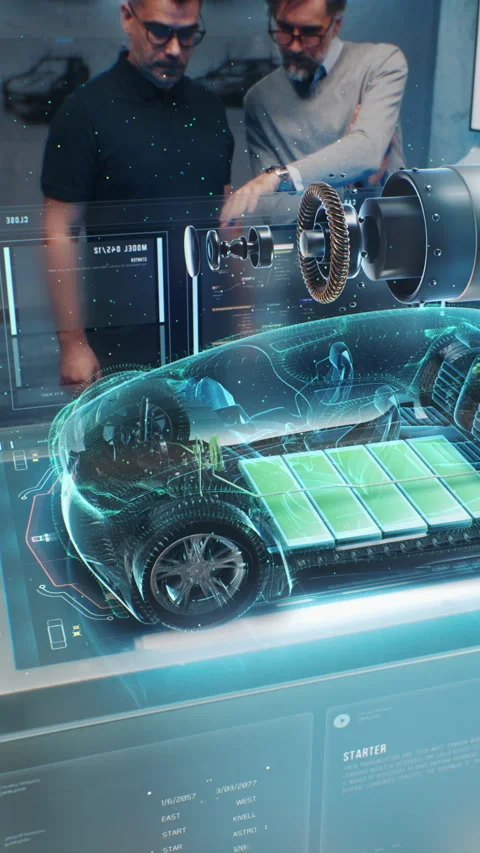 Automotive engineers develop new electric car Stock Footage 273124984