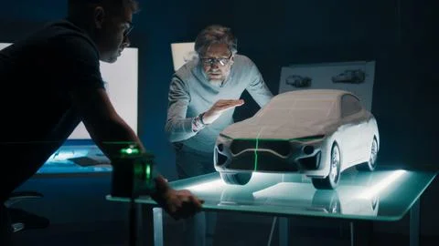 Automotive engineers discuss the design of prototype car model using green laser Stock Photos