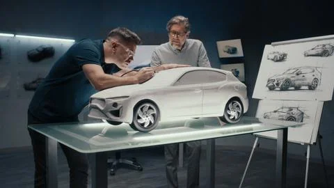 Automotive engineers work on prototype model of the car looking at the sketches Stock Photos