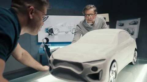Automotive engineers work in a studio discuss design of prototype car sculpture Stock Photos