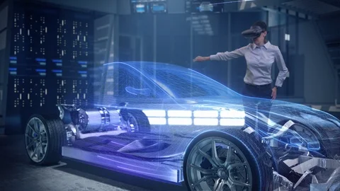 Automotive Female Engineer working on Futuristic Electric Car design using AR Stock Footage