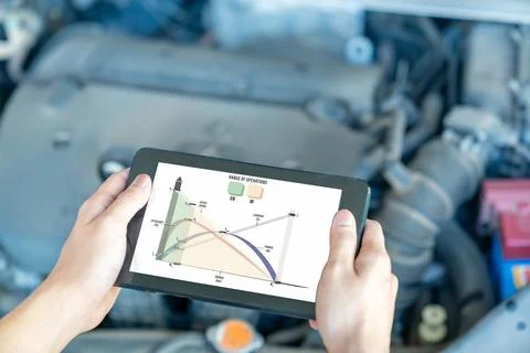 Automotive mechanic using tablet to checking engine in the engine room. Stock Photos