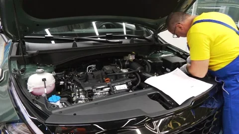 Automotive Worker Inspecting Engine Compartment on Production Line Stock-Footage 346229157