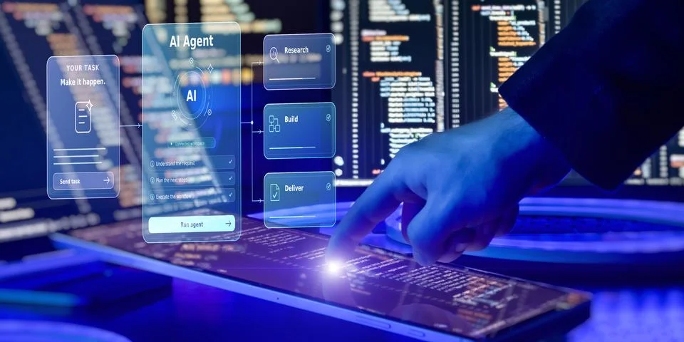 Autonomous Artificial Intelligence Agent Executing Research, Building and Del Stock Photos