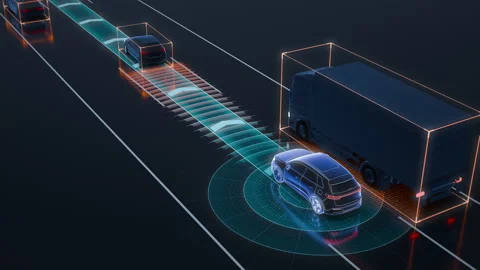 Autonomous Car Adaptive Cruise Control in High Three Quarter View Stock Footage 339564083