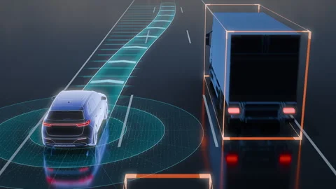 Autonomous Car Changing Lanes to Overtake Slower Highway Traffic Stock Footage 339562133