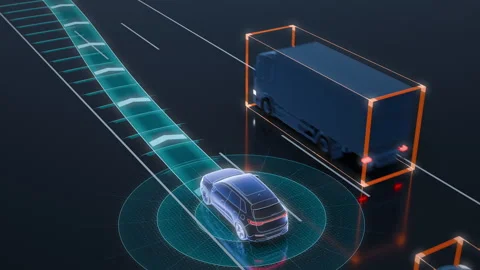 Autonomous Car Changing Lanes to Overtake in Three Quarter View Stock Footage 339563104