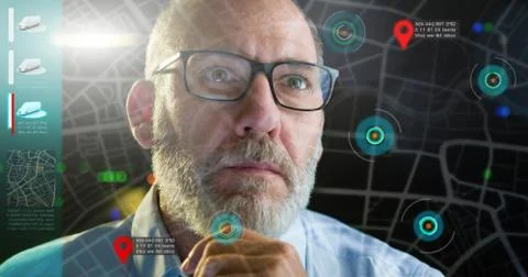 Autonomous car driving on computer screen with technology assistant tracking  Stock Photos