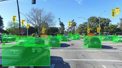 Autonomous car driving through Los Angeles. Object detection system. AI. Stock-Footage 80487052