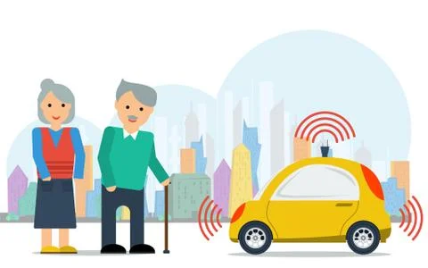 Autonomous car for elderly couple Stock Illustration