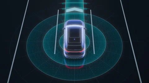 Autonomous Car Sensor Field and Driving Path in High Rear View Stock Footage 339564088