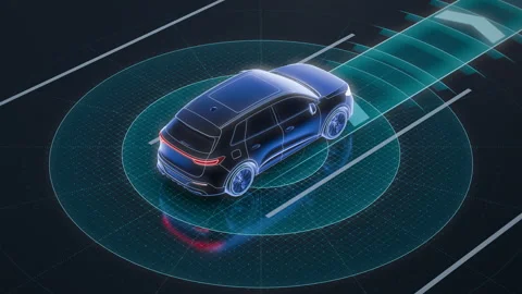 Autonomous Car Sensor Field and Driving Path in Three Quarter View Stock Footage 339565195