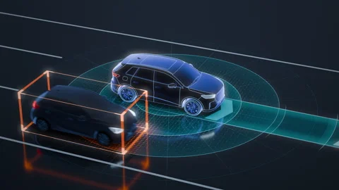 Autonomous Car Sensor Visualization With Rotating 180 Degree Camera Orbit Stock Footage 339593622