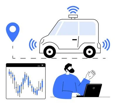 Autonomous car with signal waves, data chart depicting fluctuations, person u Stock Illustration