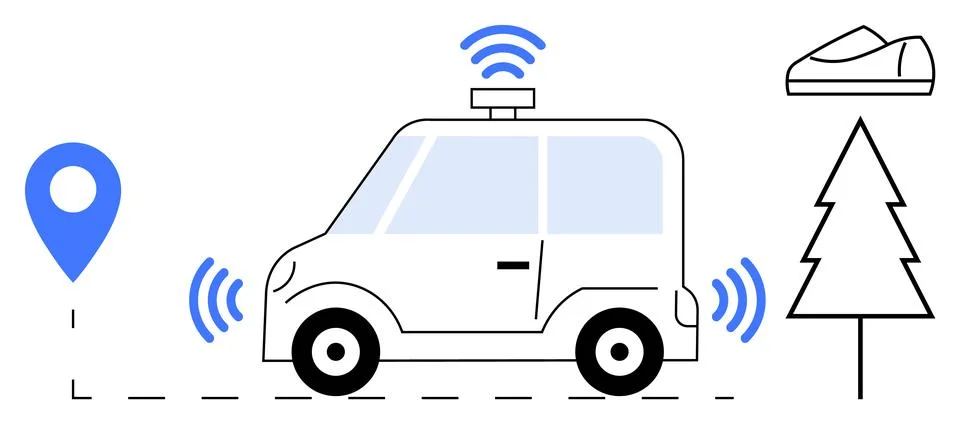 Autonomous car using wireless signals for navigation, GPS pinpoint, tree, and Stock Illustration