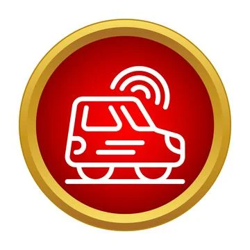 Autonomous car with wireless signal in red circle button Illustrazione stock