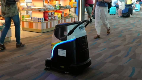 Autonomous cleaning robot vacuuming floor in modern airport terminal, Stock Footage 285772303