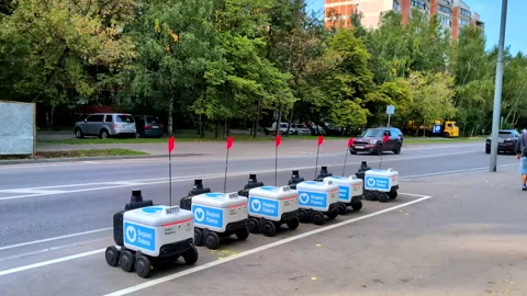 Autonomous Courier Robot Fleet for Delivery Beside Urban Traffic Stock Footage 345638498
