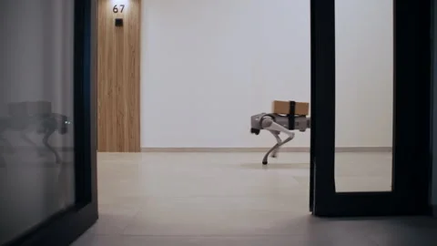 Autonomous Delivery in Modern Corridor Stockbeeldmateriaal 322946425