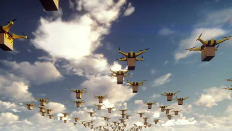 Autonomous delivery of parcels by unmanned drones-quadrocopters flying on a Stockbeeldmateriaal 104415401