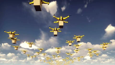 Autonomous delivery of parcels by unmanned drones flying on a Sunny day. Video stock 104417624