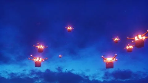 Autonomous delivery of parcels by unmanned drones-quadrocopters flying on a n Stock Illustration