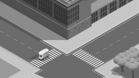 Autonomous Delivery Robot Crossing The Road 2D Black and White Animation. Stock Footage 195904106