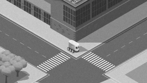Autonomous Delivery Robot Crossing The Road 2D Black and White Animation. Stock Footage 195904498