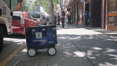 Autonomous Delivery Robot on Downtown San Jose Sidewalk Stock Footage 338131298