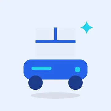 Autonomous delivery robot flat design vector illustration with cargo box on Illustrazione stock