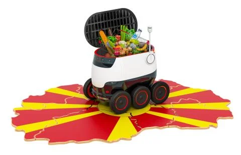 Autonomous delivery robot in Macedonia, 3D rendering Illustrazione stock