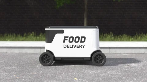 Autonomous delivery robot, Robot delivering food, Delivery robotic concept Stock Footage 244969865