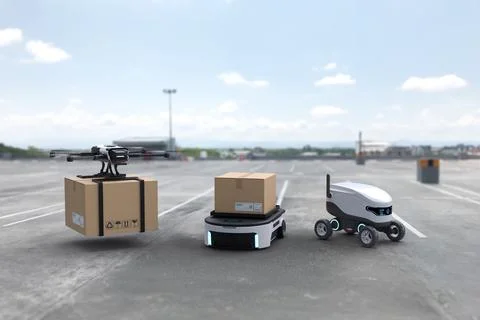 Autonomous delivery robot, Self-driving robot, Delivery drone, Business air.. Stock Photos