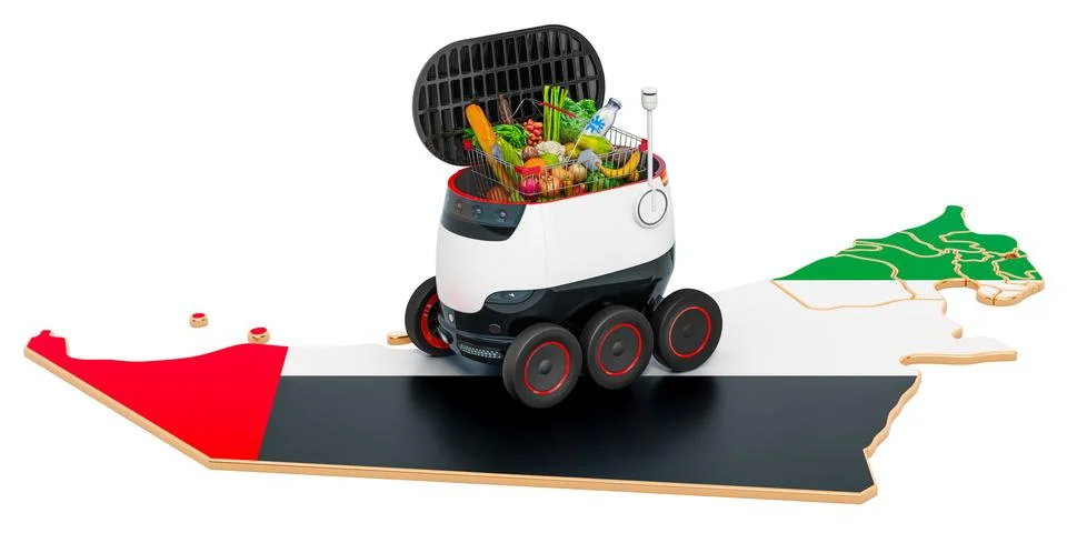 Autonomous delivery robot in the UAE, 3D rendering Illustrazione stock