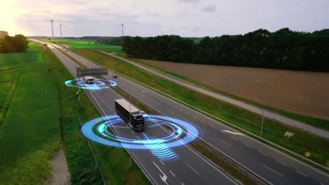 Autonomous driverless trucks with trailers, without a driver Video stock 308363272