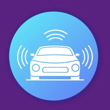 Autonomous driving smart car icon. Gps signal around. Flat illustration vecto Stock Illustration