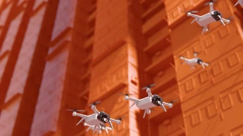 Autonomous Drone Fleet Executing Precision Navigation Among City Skyscrapers Stock Footage 260903682